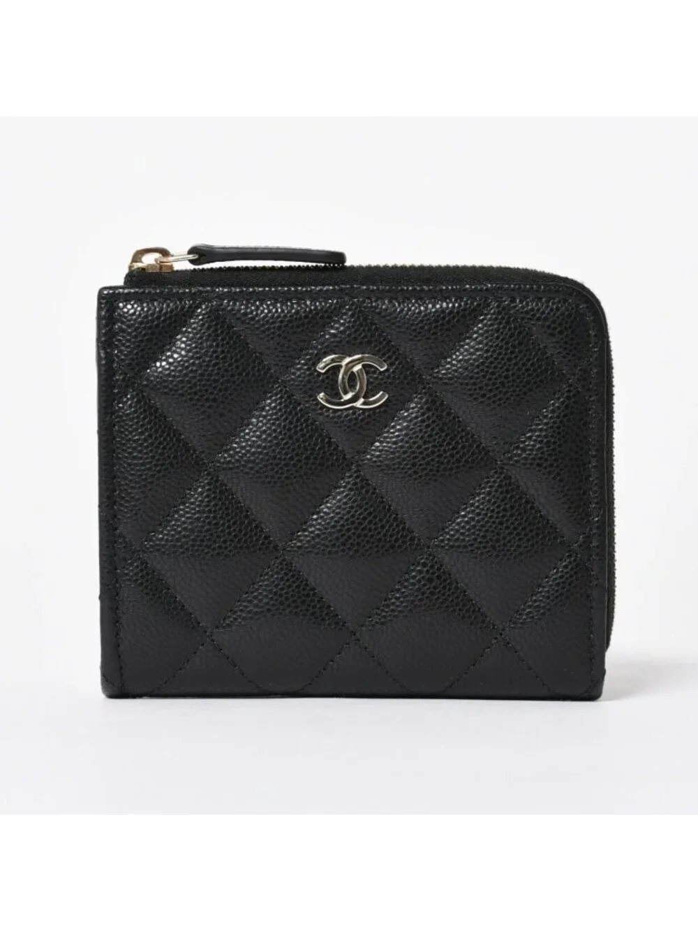 Chanel Quilted Compact Wallet Coin Purse Caviar Leather Black Gold